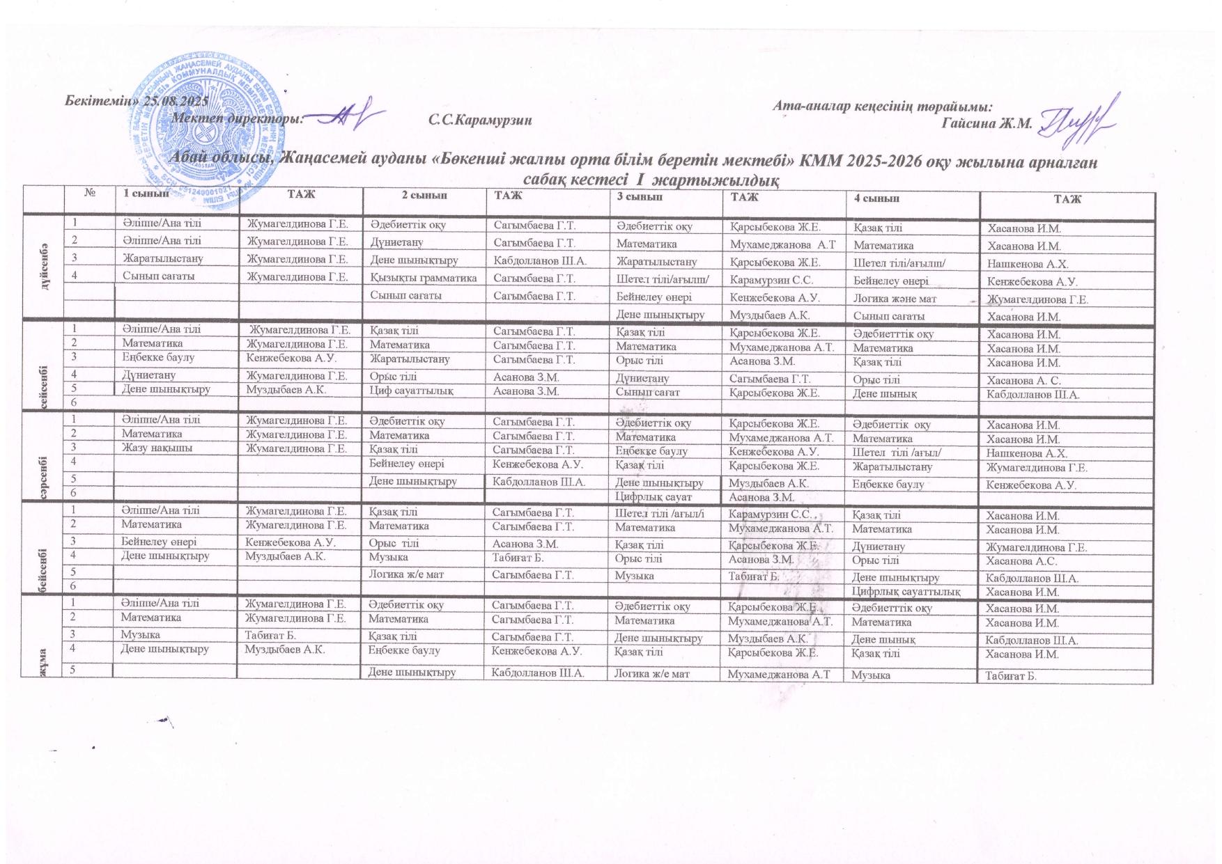 2025 - 2026 оқу жылы бойынша сабақ кестесі
